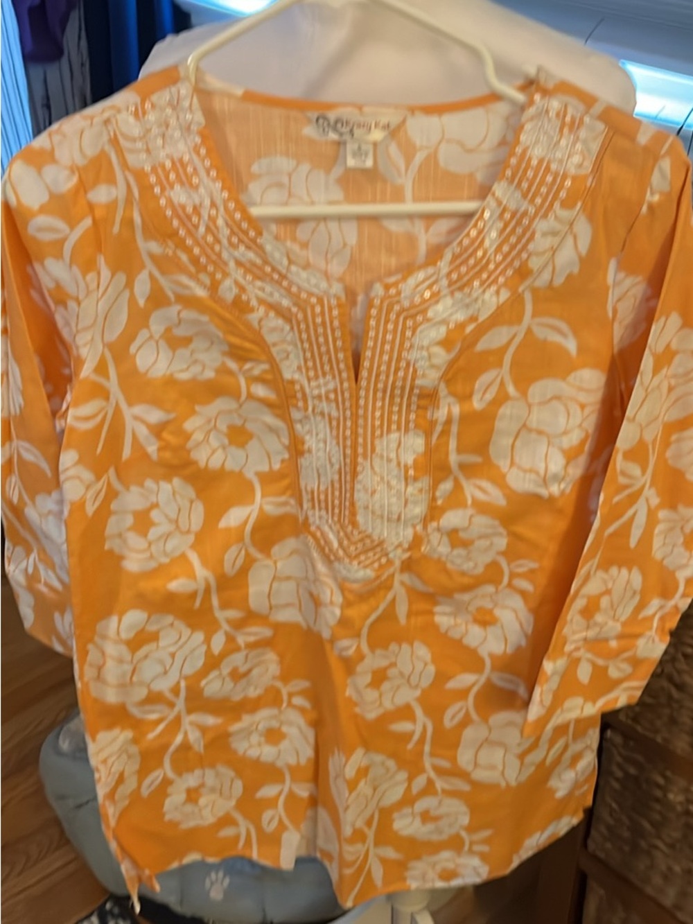 krazy kat Orange Floral Embroidered V-Neck Tunic